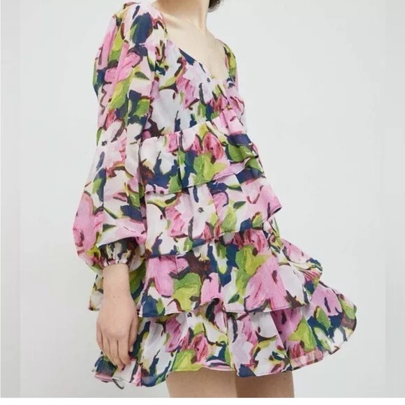 Abercrombie & Fitch Dress  Size M Tiered Chiffon Babydoll Floral Y2K Boho Hippie - Picture 2 of 15